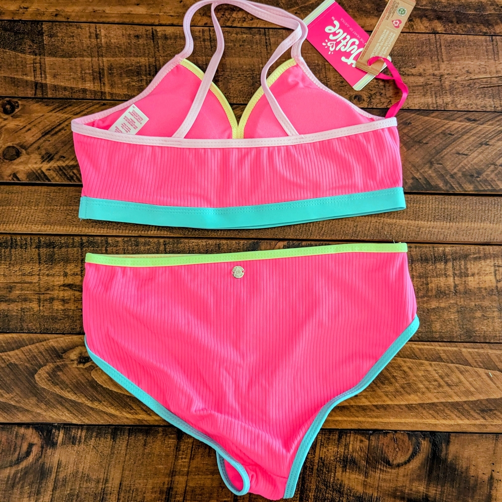 Justice Girls Two-Piece Bikini with Cross Back Straps Pink Punch Size Large NWT - Picture 2 of 10